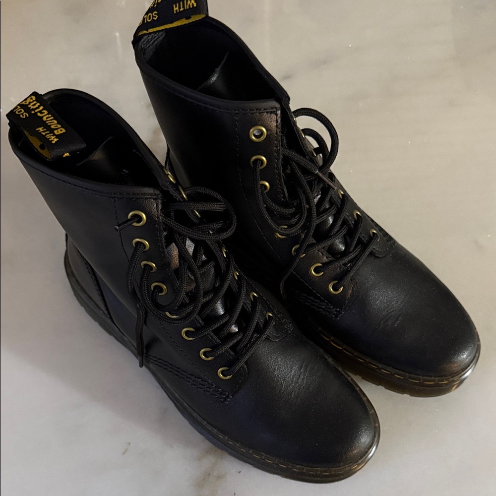 Dr. Martens Zavala Black Leather Boots with Gold Eyelets